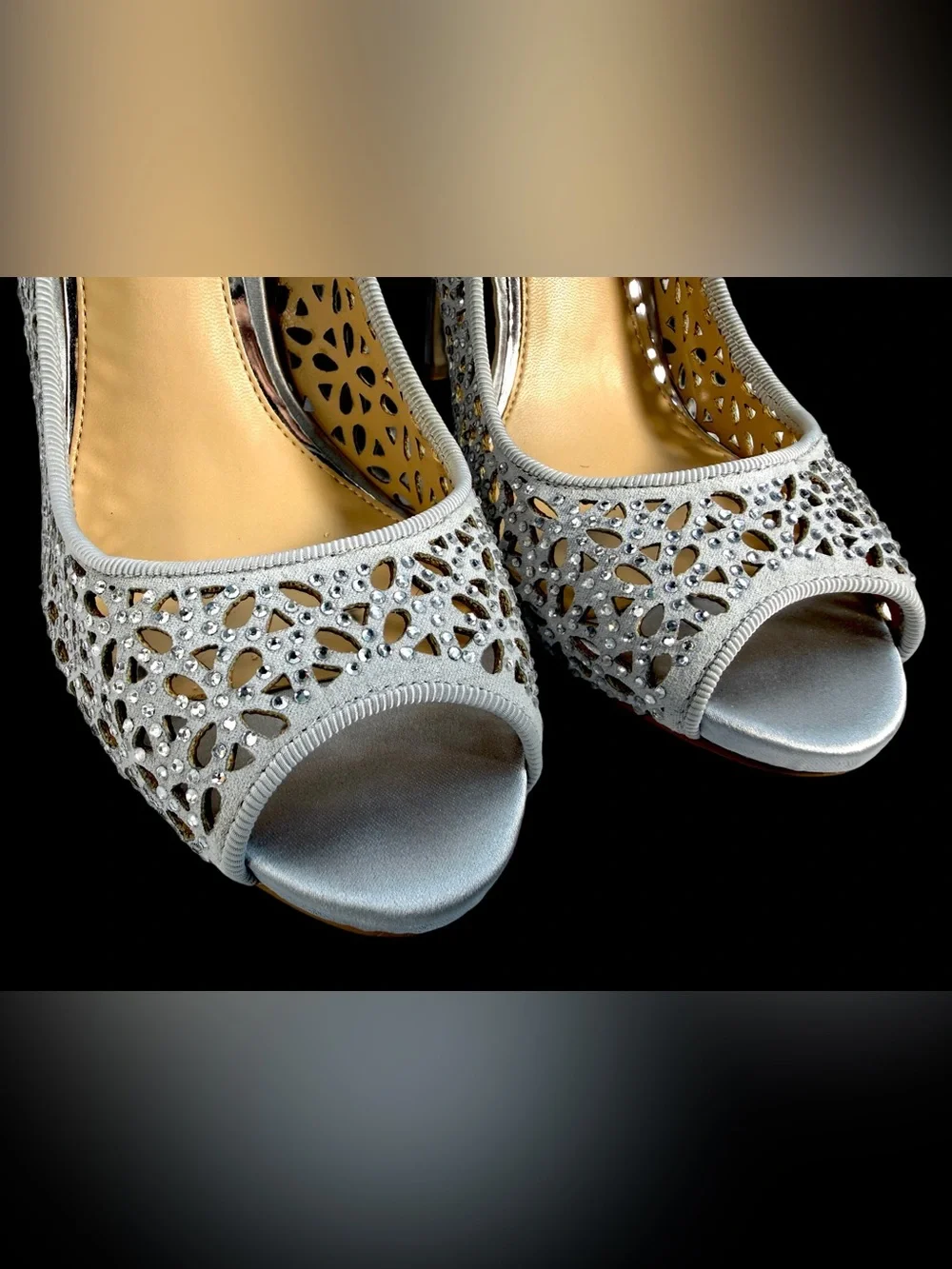 Badgley Mischka Silver Open-Toe Heels with Crystal Lattice